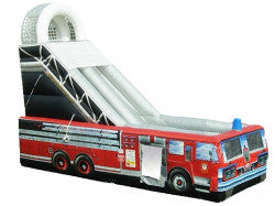 Structure de glissade gonflable thématique pompier. Idéale pour les événements scolaires, festivals ou journées communautaires