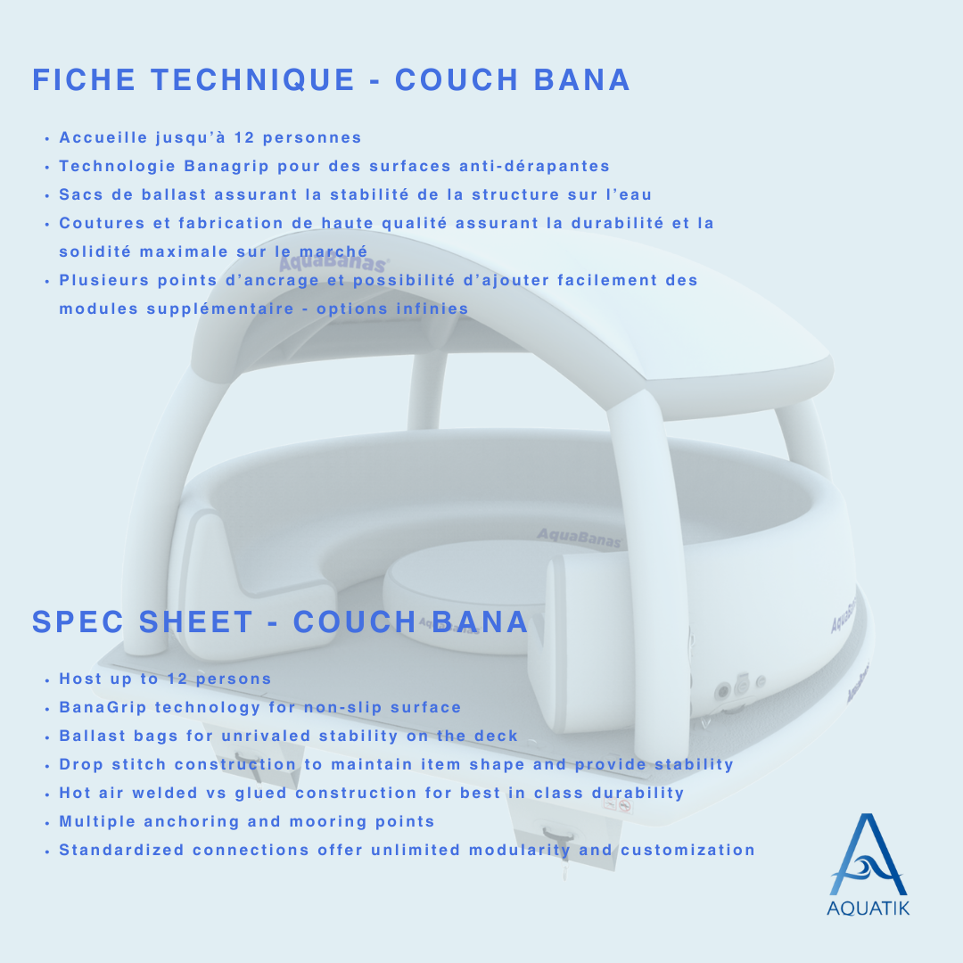 Plateforme gonflable de type canapé Aquabanas. Offre une zone de détente flottante confortable pour groupes en milieux aquatiques