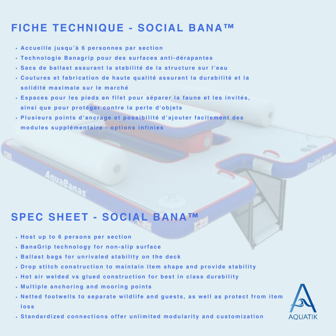 Plateforme gonflable circulaire conçue pour socialiser sur l’eau. Idéale pour les groupes souhaitant se détendre ensemble
aquabanas-aquatik-inflatabletent-inflatableisland-ileflottante-tente gonflable-tente-tente flottante-bar aquatique-quaiflottant-inflatabledock-water park-pneumatique-piscine-pool lounger-lounger-jumbo lounger-chaise longue gonflable-chaise flottante-canada-ontario-lac-lakes-boatlife-quebec-montreal-toronto-vancouver-island-resort supply-equipement piscine-bana-bana circulaire