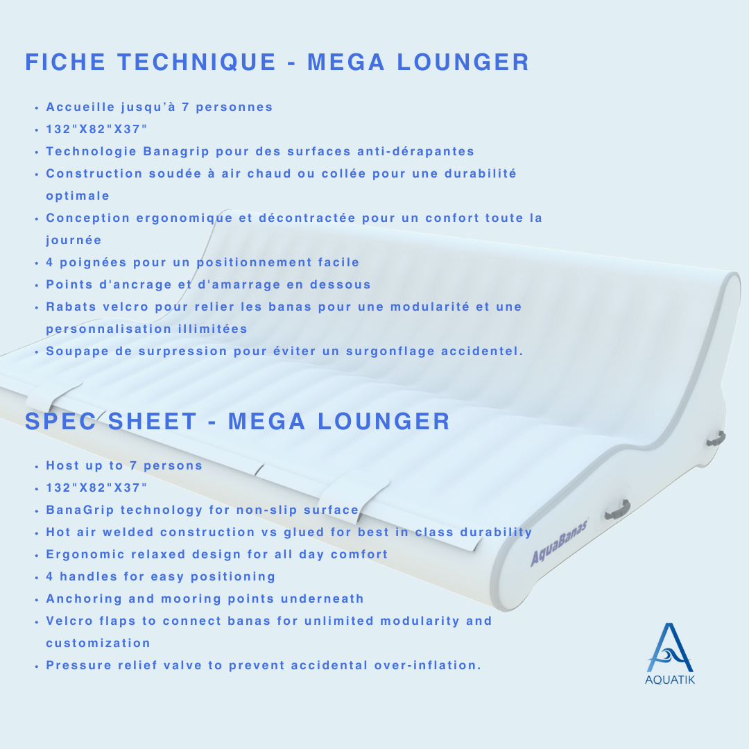 Grande plateforme gonflable de type Méga Lounger Aquabanas. Offre un espace de détente luxueux pour les environnements aquatiques