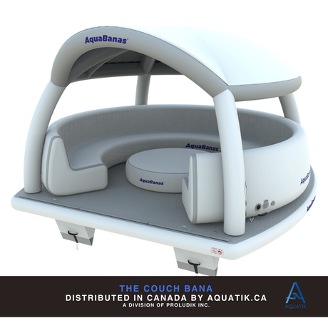 Plateforme gonflable de type canapé Aquabanas. Offre une zone de détente flottante confortable pour groupes en milieux aquatiques