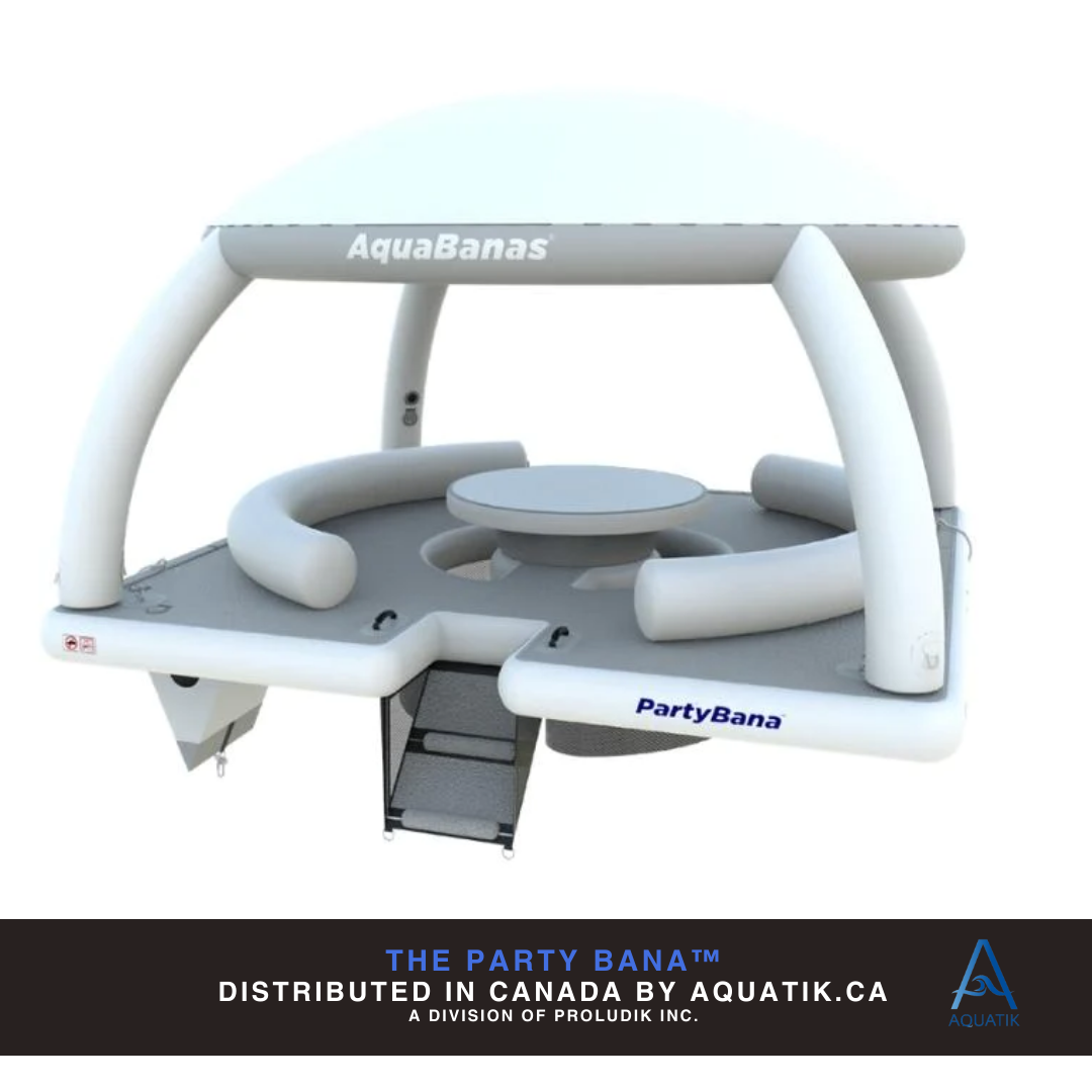 Îlot flottant de grande capacité pour 50 personnes. Solution modulaire pour événements nautiques, hôtels ou parcs aquatiques.