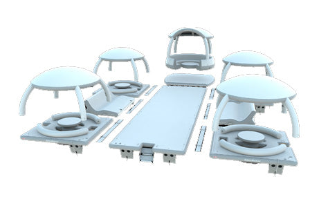 Îlot flottant de grande capacité pour 50 personnes. Solution modulaire pour événements nautiques, hôtels ou parcs aquatiques.
