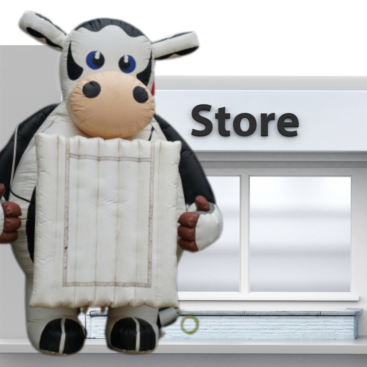 Structure gonflable en forme de vache avec panneau. Utilisée comme élément publicitaire pour événements ou points de vente