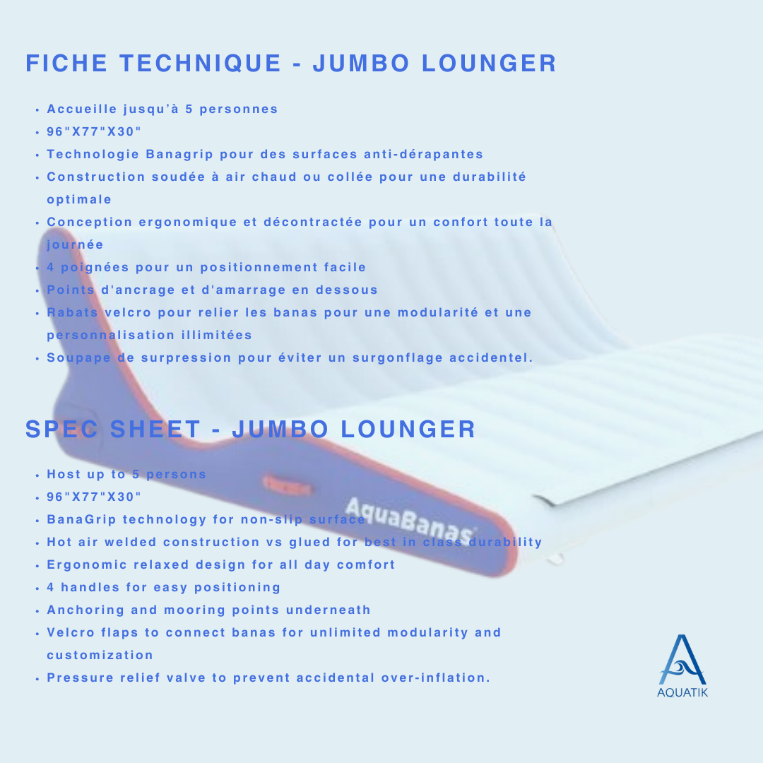 aquabanas-aquatik-inflatabletent-inflatableisland-ileflottante-tente gonflable-tente-tente flottante-bar aquatique-quaiflottant-inflatabledock-water park-pneumatique-piscine-pool lounger-lounger-jumbo lounger-chaise longue gonflable-chaise flottante-canada-ontario-lac-lakes-boatlife-quebec-montreal-toronto-vancouver-island-resort supply-equipement piscine-bana-bana circulaire
Plateforme gonflable de type lounger Aquabanas. Idéale pour la détente sur l’eau lors d’activités nautiques ou événements flottants