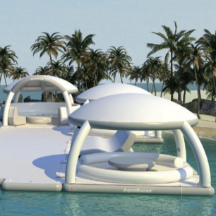 Îlot flottant de grande capacité pour 50 personnes. Solution modulaire pour événements nautiques, hôtels ou parcs aquatiques.