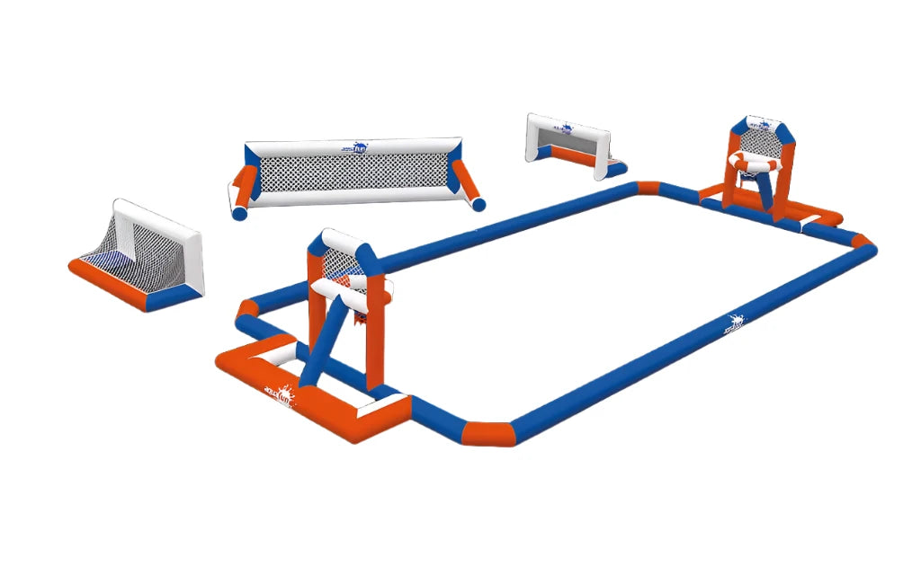 Terrain complet pour la pratique du water-polo sur structure gonflable. Pensé pour les activités aquatiques sportives. aquafunparks_multisports_terrainvolleyball_terrainbasketball_terrainwaterpolo_basketball_waterpolo_volleyball_pool_piscine_proludik_aquatik_quebec_montreal_ontario_canada_ottawa_gatineau_poolinflatables_sports_aquaticsports
