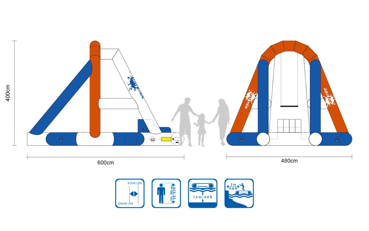 Module Junior Line en forme de trapèze. Ajoute un défi de suspension et de coordination dans un parcours aquatique