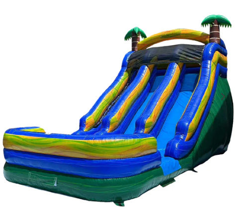 Double glissade gonflable avec palmiers décoratifs. Offre deux voies de descente pour plus de fluidité et de plaisir