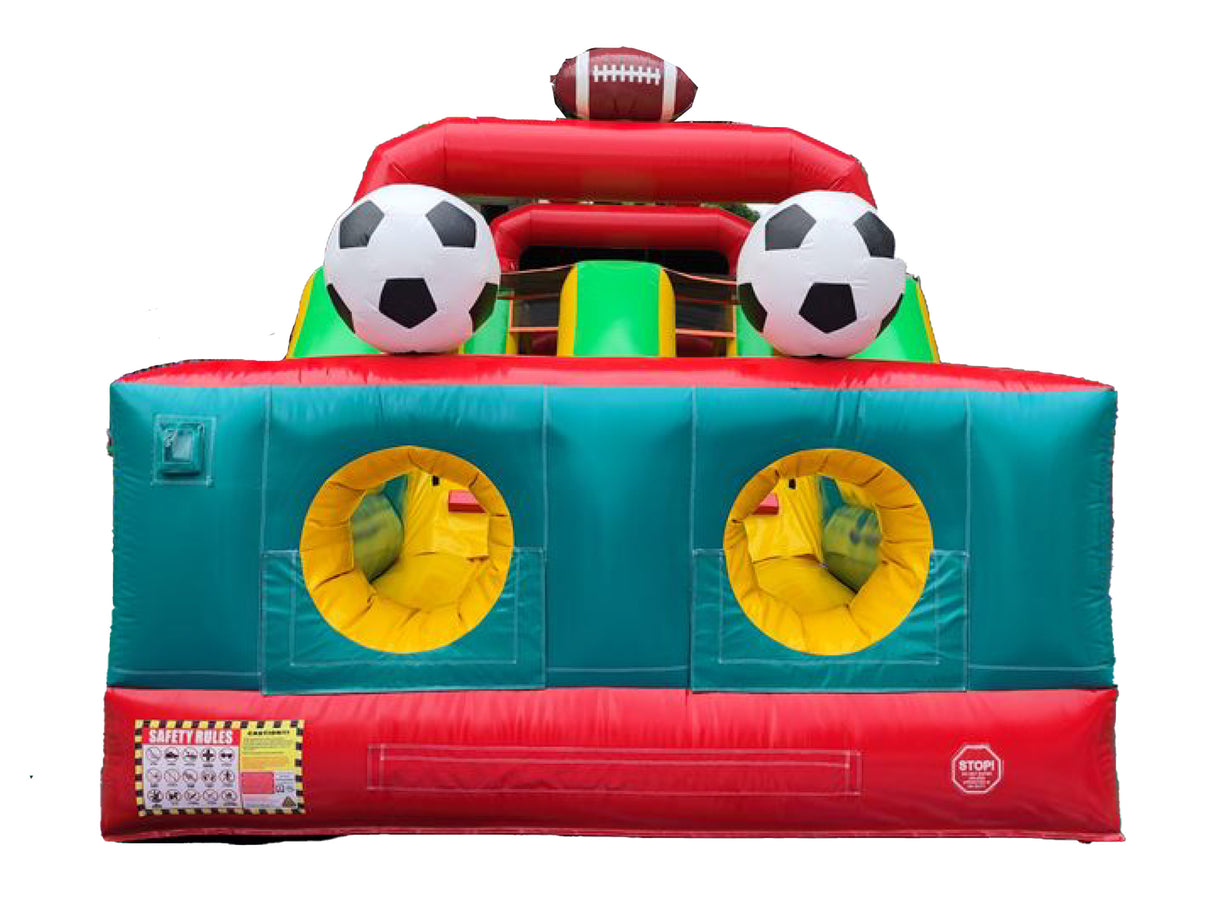 Parcours gonflable avec modules d’effort. Idéal pour les olympiades scolaires ou les camps d’entraînement pour enfants