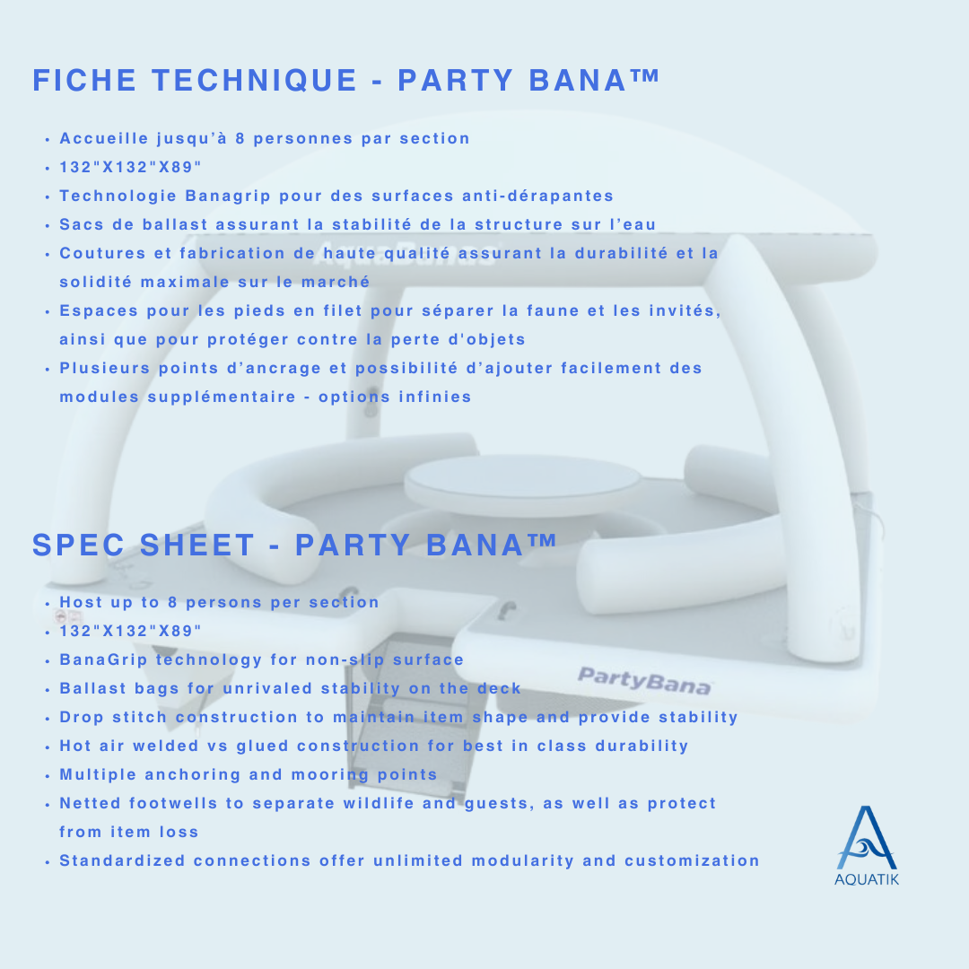 Plateforme gonflable Party Bana pour événements sur l’eau. Parfaite pour rassembler plusieurs participants dans un cadre festif
aquabanas-aquatik-inflatabletent-inflatableisland-ileflottante-tente gonflable-tente-tente flottante-bar aquatique-quaiflottant-inflatabledock-water park-pneumatique-piscine-pool lounger-lounger-jumbo lounger-chaise longue gonflable-chaise flottante-canada-ontario-lac-lakes-boatlife-quebec-montreal-toronto-vancouver-island-resort supply-equipement piscine-bana-bana circulaire