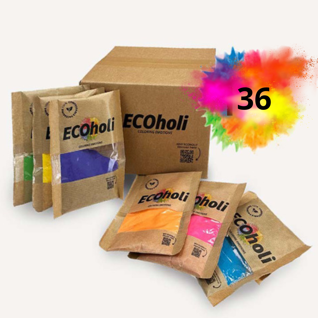 Boîte contenant des sachets de poudre colorée Holi. Parfaite pour des fêtes éclatantes et des événements thématiques.