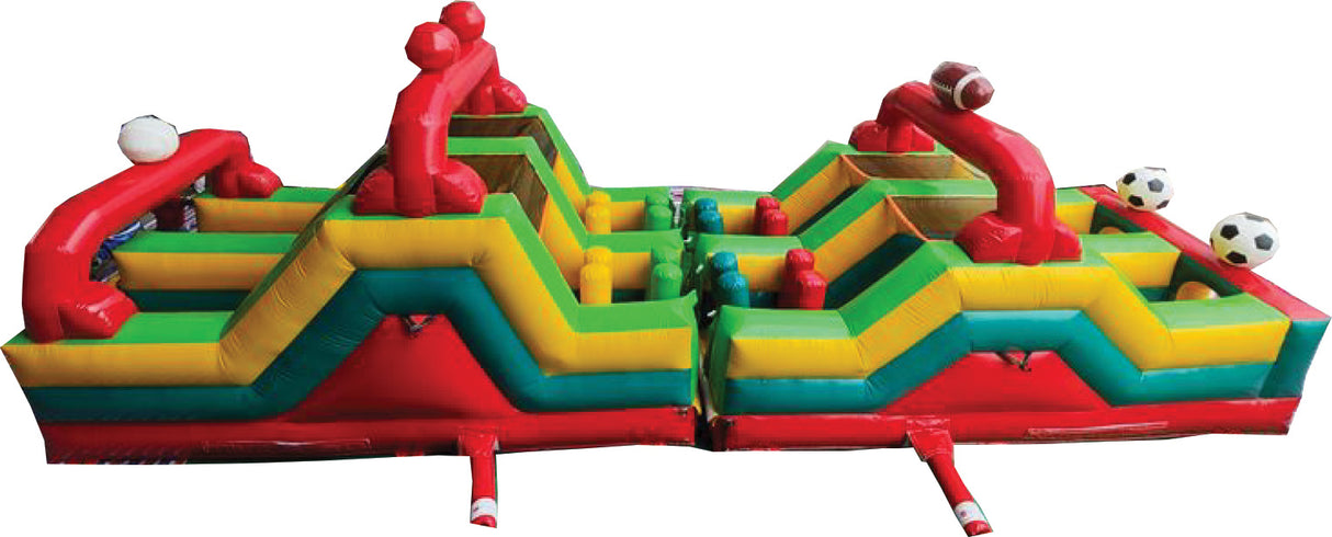 Parcours gonflable avec modules d’effort. Idéal pour les olympiades scolaires ou les camps d’entraînement pour enfants