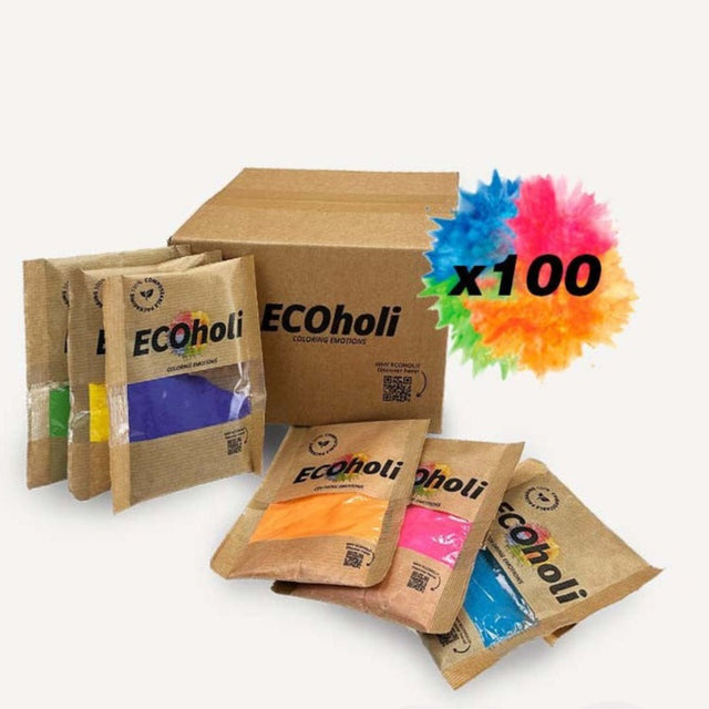 Boîte économique de 100 sachets de poudre colorée de 75 grammes pour festivals Holi. poudre coloree-poudre couleur-effet colore-color me rad effet-color run-course couleur-evenement couleur-poudre de craie-poussiere de craie-colored powder-holi-poudre holi-poudre coloree holi-ecoholi-holi powder-special effet-effets speciaux-proludik-quebec-montreal-toronto-ottawa-vancouver
