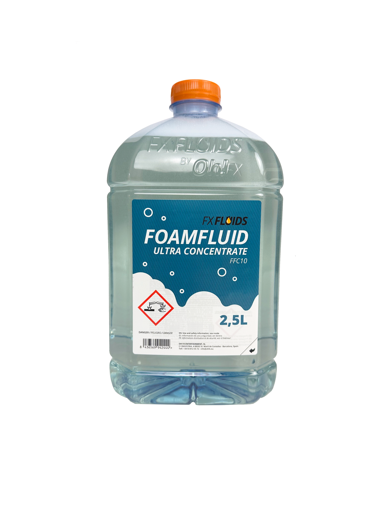 Bidon de 2,5 L de liquide FX Fluids Foamfluid Ultra Concentrate, avec bouchon orange et étiquette bleue, conçu pour générer de la mousse dense. Produit chimique concentré avec pictogramme de danger environnemental.